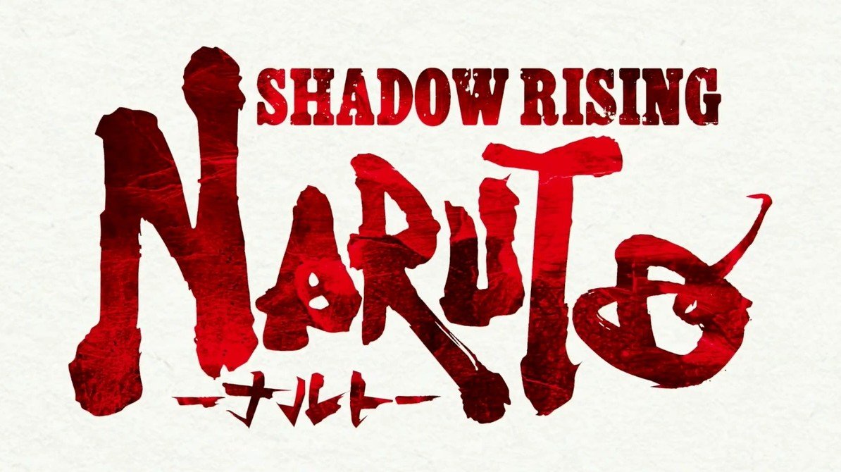 Red and white NARUTO Shadow Rising logo featuring distressed lettering on a textured white background.