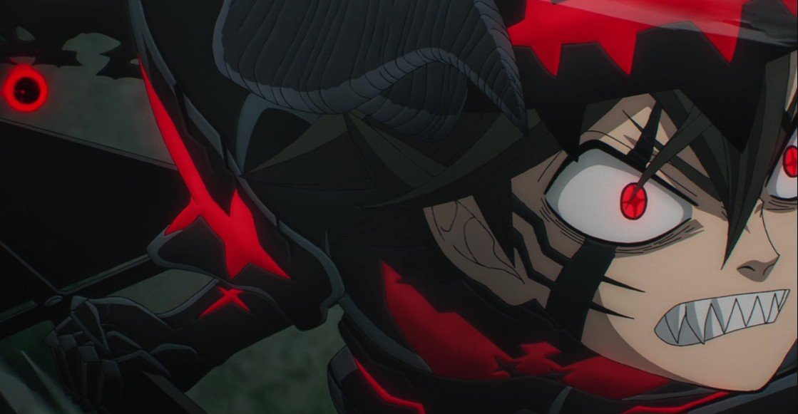 Asta in his demonic Devil Union form with glowing red eyes, black facial markings, sharp teeth, and dark anti-magic energy in Black Clover Season 2.