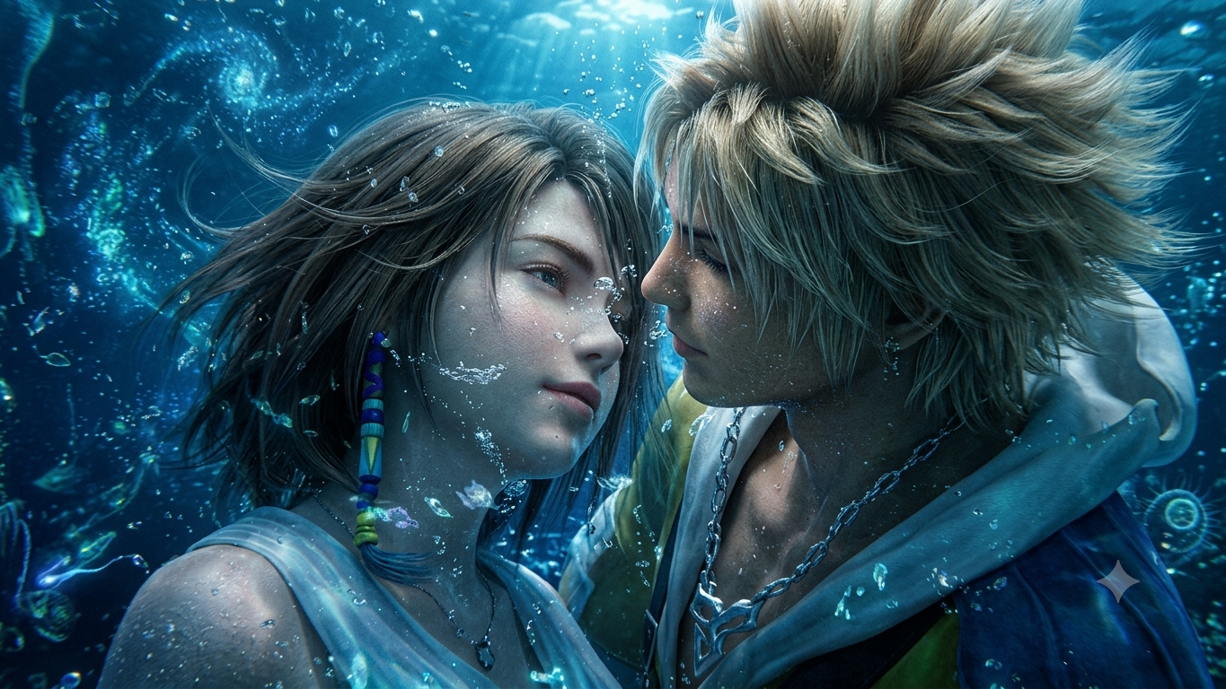 Tidus and Yuna standing together in Final Fantasy X
