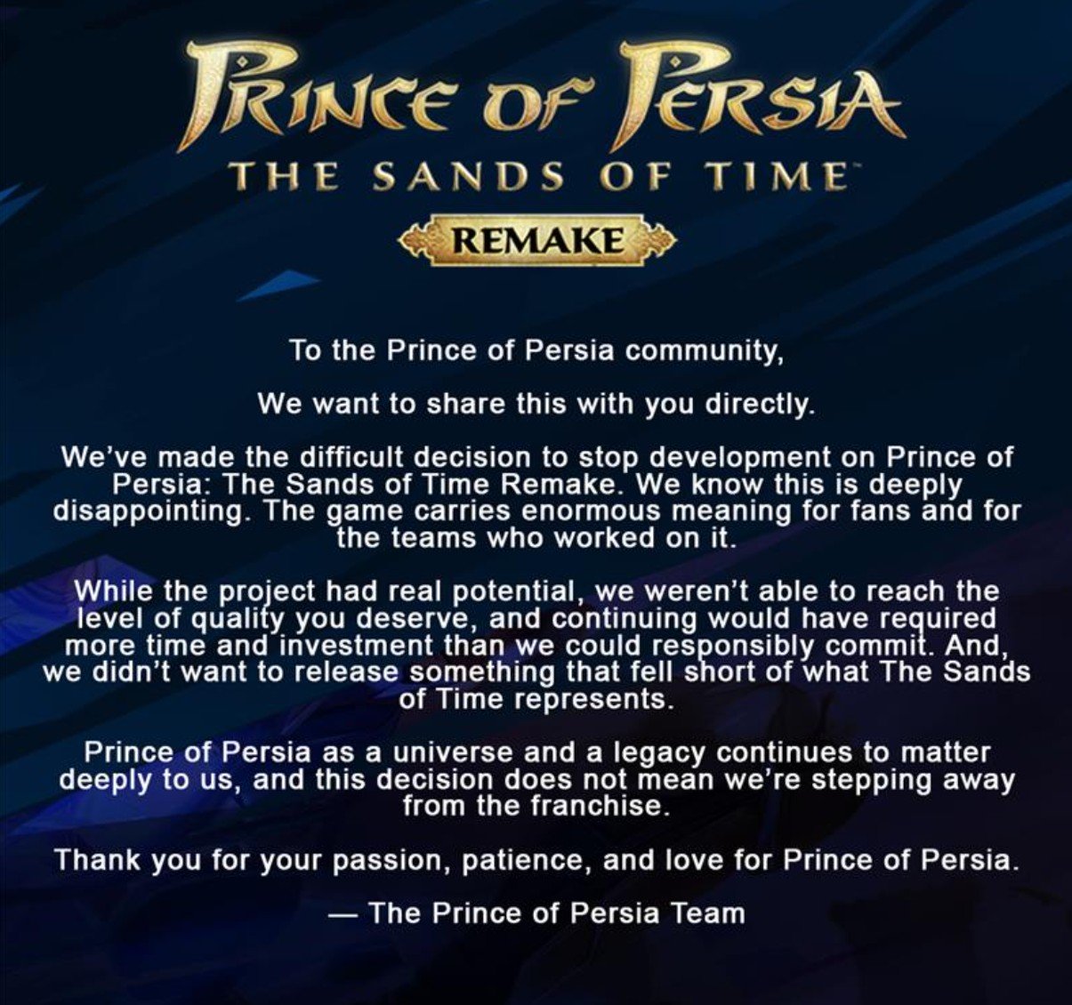 Prince of Persia: The Sands of Time Remake Has Officially Been Canceled