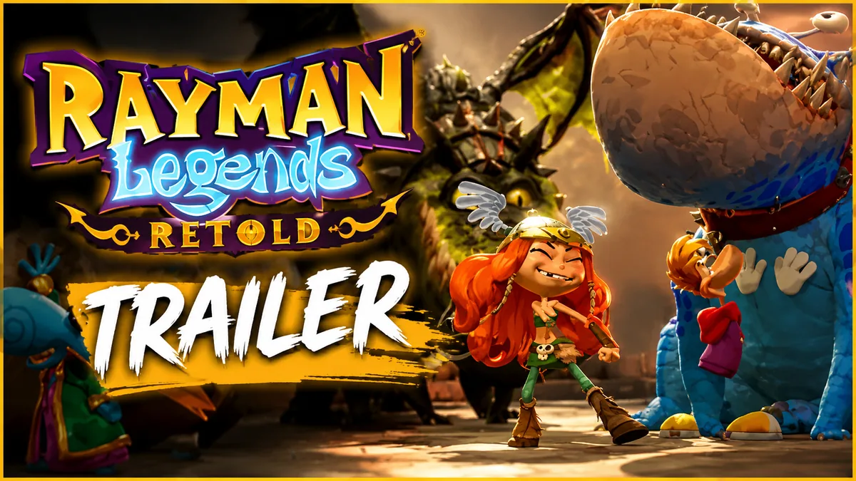 Rayman and friends racing through a colorful world in Rayman Legends Retold