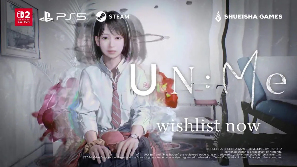 Promotional artwork for UN:Me showing a girl with multiple ethereal souls surrounding her, announcing Nintendo Switch 2 and PlayStation 5 versions.